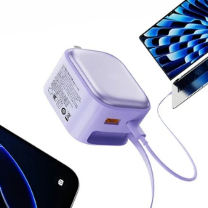 Chargeur d'alimentation multi-ports avec câble de données rétractable intégré, tête de charge rapide de 30 W avec 1 ports USB-A et 2 ports USB-C