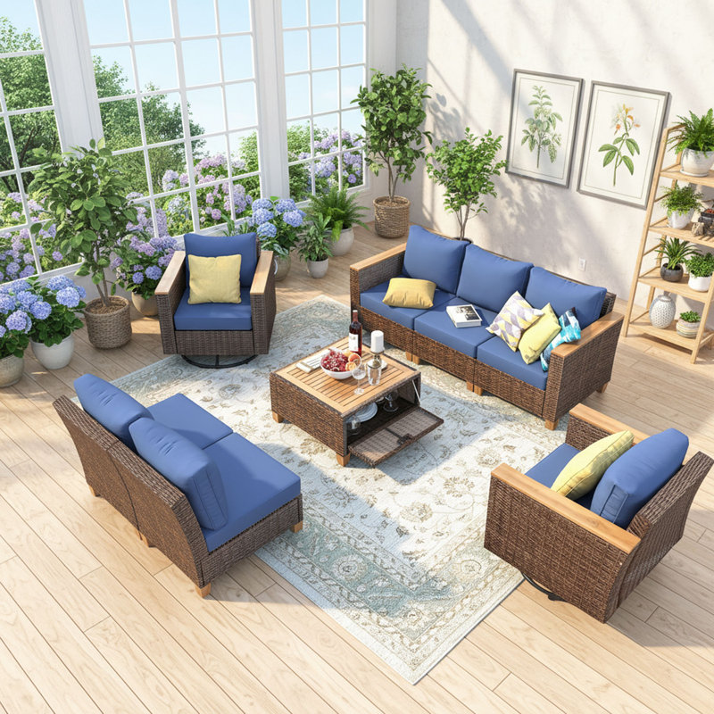 Ensemble de mobilier d'extérieur en osier 8 pièces 8 pièces, Bleu