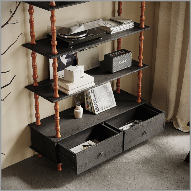 Bibliothèque avec bibliothèque et bibliothèque en bois de 74,4 pouces de hauteur, étagères et tiroirs de rangement noirs à 5 niveaux, tablettes modernes autoportantes en placage de bois massif, salon, salle d'étude, cuisine