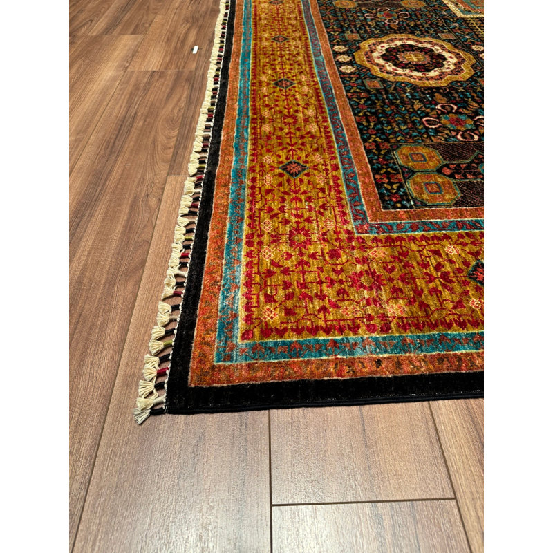 Tapis orange original en laine et coton noué à la main à motif mamelouk
