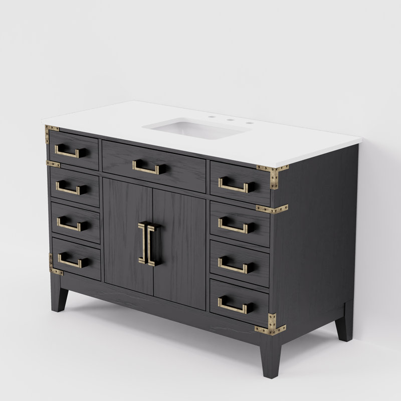 Plateau de meuble-lavabo simple l 48 po x P 22 po Laurel, Chêne noir, Marbre de culture blanc