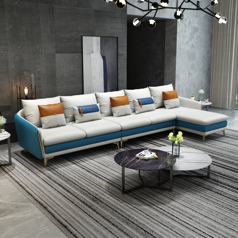 Ellaville Upholstered Sectional, Right Hand Facing, Off White/Blue Genuine Leather