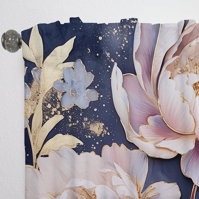 Pivoines roses sur fond bleu - rideau en velours floral - 1 panneau, L 52 po x L 120 po