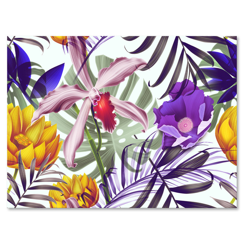Fleurs tropicales rétro - Impression sur toile, Toile tendue, H 16 po x l 32 po x p 1 po