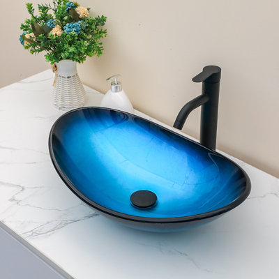 21.5" L Oval Glass Bathroom Sink Vessel Sink with Pop-Up Drain