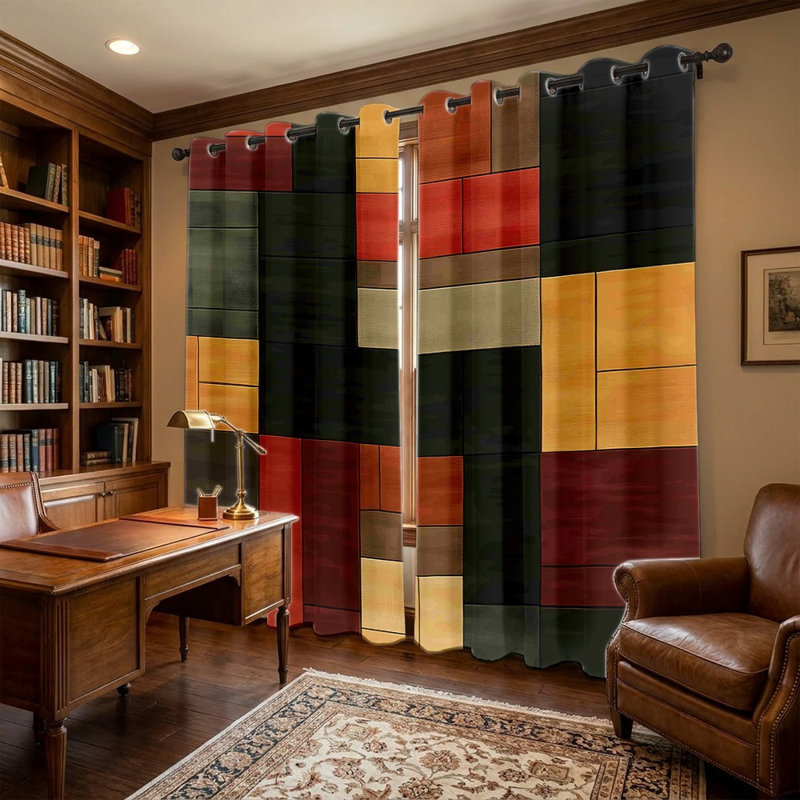 2 pièces rideaux à blocs de couleur géométrique, rideaux de fenêtre rectangulaires abstraits à motifs modernes, panneaux à œillets multicolores, traitement de fenêtre pour la décoration de salon de chambre à coucher