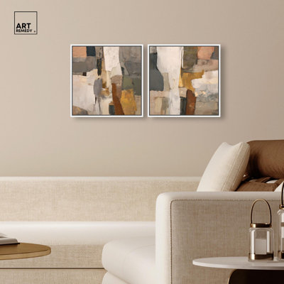 Patchwork Plains Set Canvas Print Beige Wall Decor Set by Art Remedy, Black Frame, 12 x 12