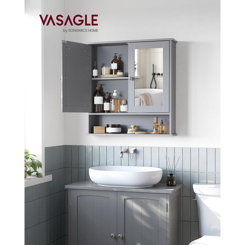 Armoire murale de salle de bain avec miroir - tablette réglable et rangement ouvert, portes à double miroir, conception peu encombrante pour l'organisation de la salle de bain