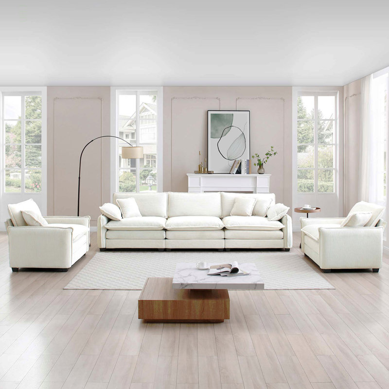 Ensemble de canapé chaleureux et confortable avec coussins et coussins moelleux, ensemble de canapé de style cinéma-maison composé d'un canapé 3 places et de deux canapés simples en velours côtelé beige