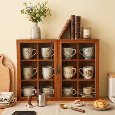 Vitrine murale en bois avec portes en verre acrylique, tablette à 12 compartiments pour tasses, tasses et objets de collection