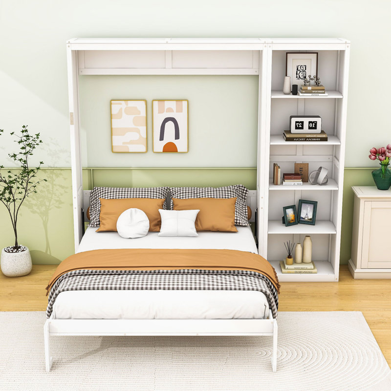 Lit escamotable en bois avec tablettes et lattes Geva, Double, Blanc