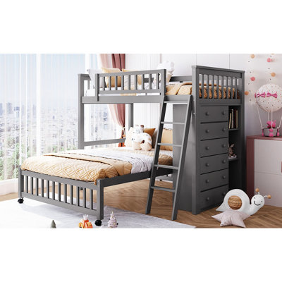 Lit superposé simple au-dessus d'un lit double en bois avec 6 avantages de tiroir, options de tablettes flexibles et roues transportables, configuration du lit, tiroirs, finition des tablettes modifiables