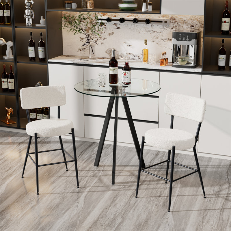 Round Height Pub Table and 2 Teddy fabric Bar Stools, Clear, White/Black, Black