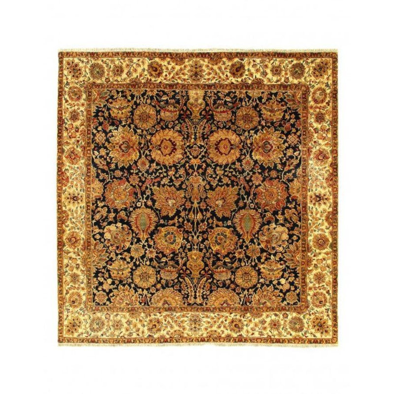 Tapis oriental jaune / bleu marine en coton et laine noué à la main 8 pi x 8 pi Shoira