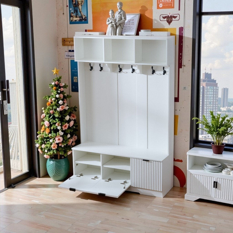 Talia 6.5ft Entryway Hall Tree With 3-Section Storage Open Shelf & Hooks Solid Engineered Wood