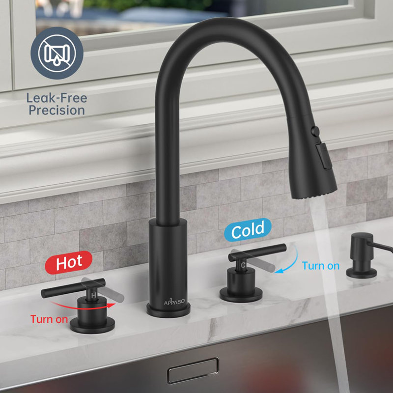 Modern High Arc Double Handle Kitchen Faucet, 4-Hole Kitchen Sink Faucet, Includes Soap Dispenser, Suitable For Kitchen Sink.