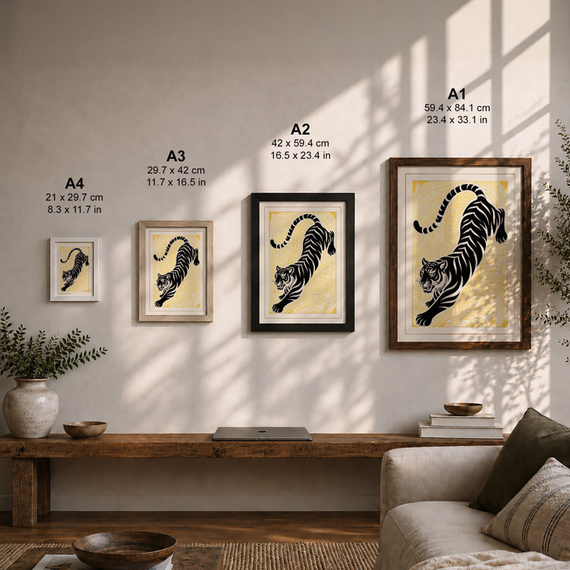 Stretching Tiger Japandi - Framed Print, Oak, A3 - 42.0 x 29.7 cm