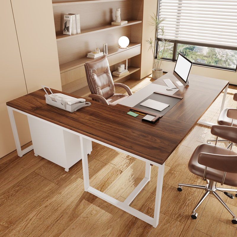 Wieze L-Shaped Metal Base Executive Desk, Walnut/White