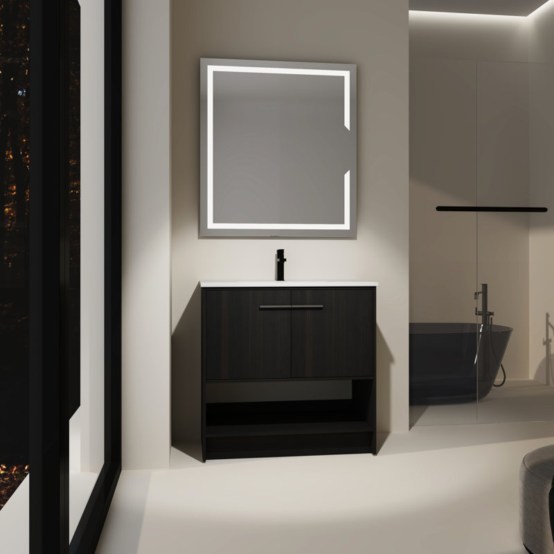 Armoire de salle de bain autoportante 36 po, lavabo en céramique, fabrication en contreplaqué, 2 portes, meuble-lavabo avec unité, autoportante à fermeture en douceur, aspect foncé