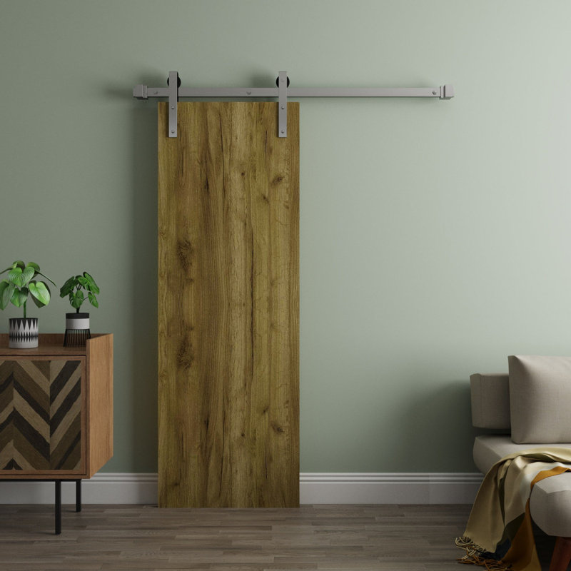 Modern Barn Door - ESSENTIAL 8001 - 6.6FT Rail Track Heavy Hardware Set - Solid Panel Interior Doors, Antique Oak_Silver, 1