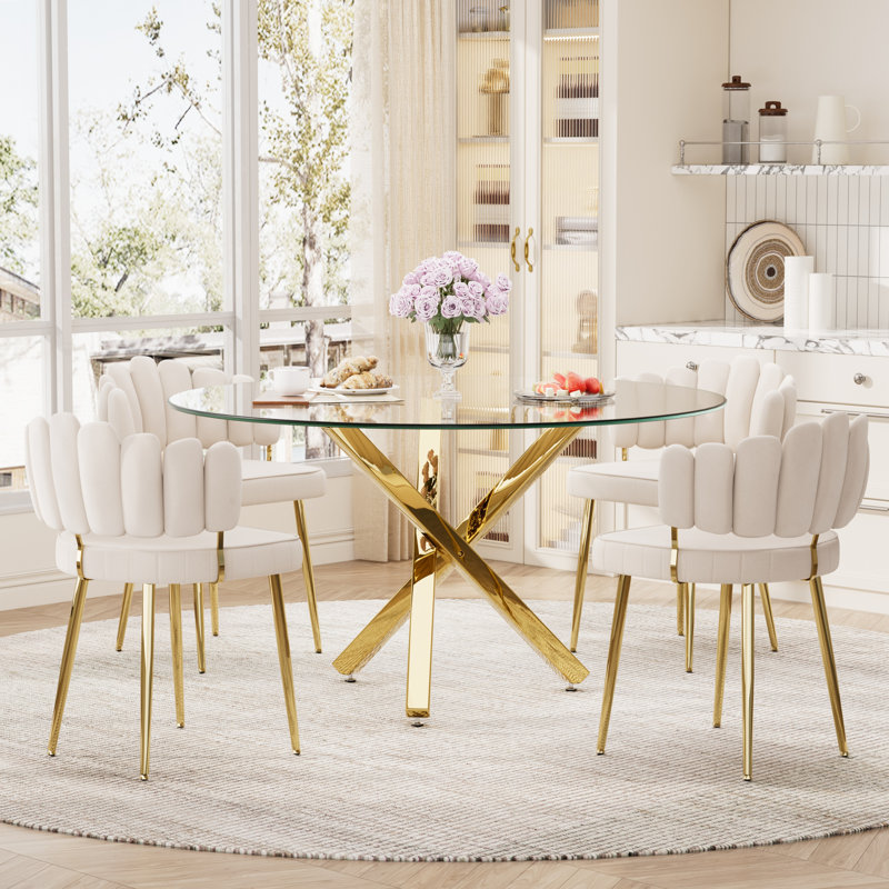 Ensemble de salle à manger rond en verre pour 4-6, 5 pièces: table, 4 chaises, Blanc, H 29,95 po x L 47,2 po x l 47,2 po