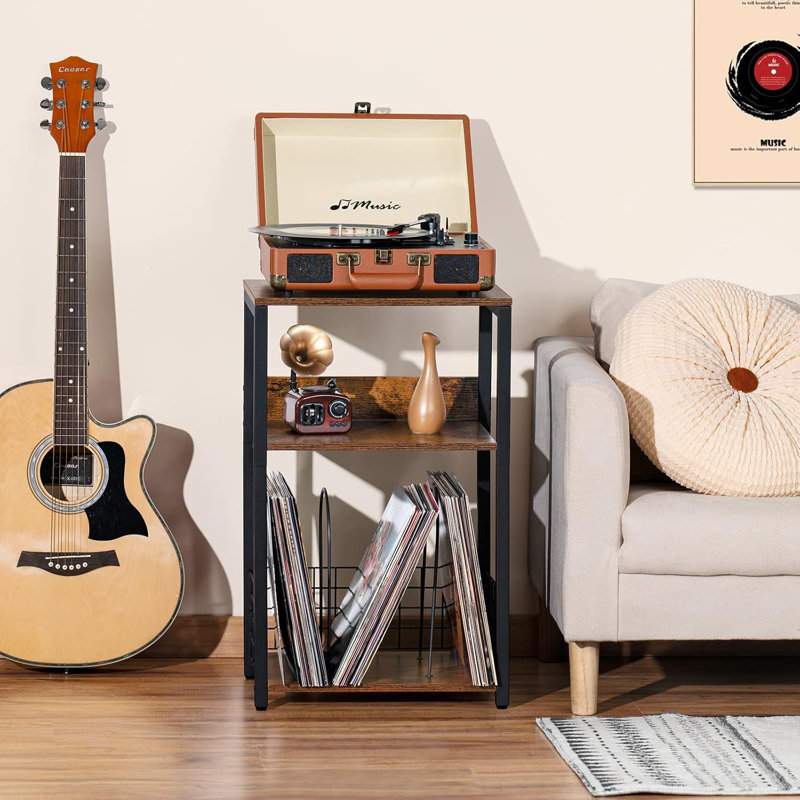 Table de bout à 3 niveaux, support pour tourne-disque avec rangement jusqu'à 100 albums