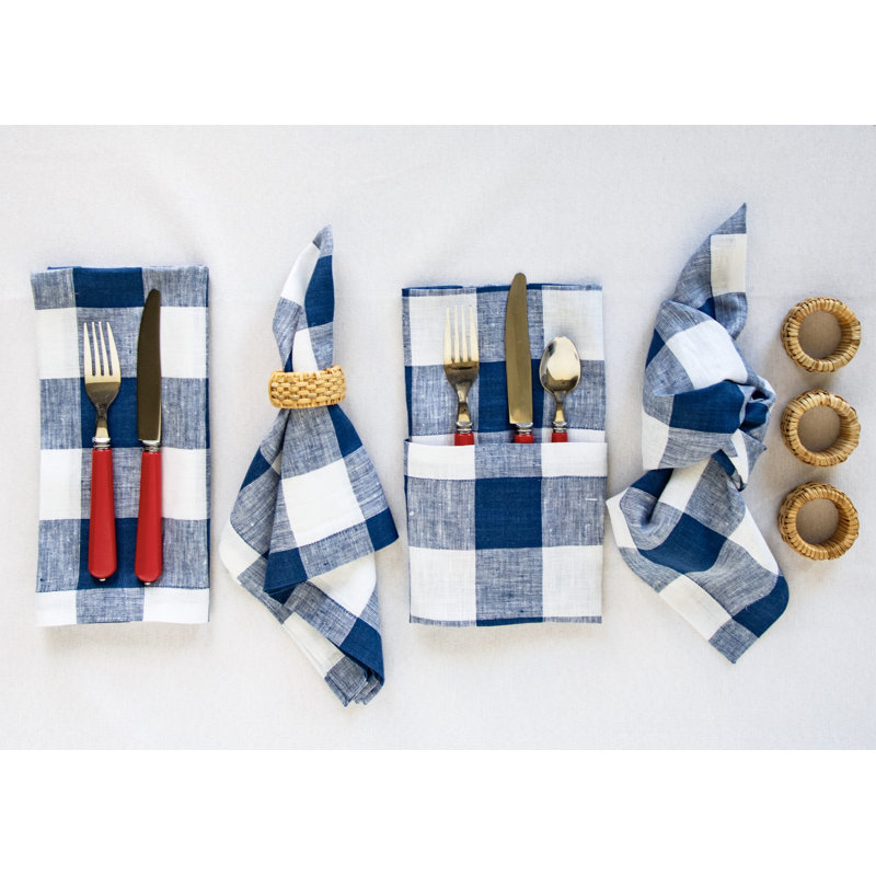 Buffalo Check - 100% Pure Linen Dinner Napkins, Blue/White