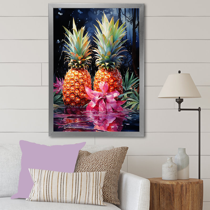 Nectar néon ananas sur toile, Cadre photo argenté, H 32 po x l 16 po x P 1 po