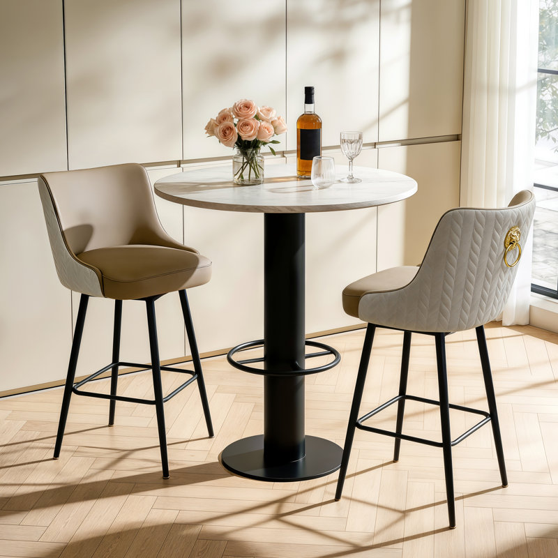 Bar Stool Upholstered Counter Height Bar Stool With Lion Knocker Breakfast Swivel Bar Chair For Kitchen Island, Cream, 2