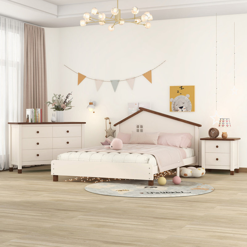 Ensemble de chambre à coucher 3 pièces avec table de chevet et commode Halaya, Blanc / noyer, Double