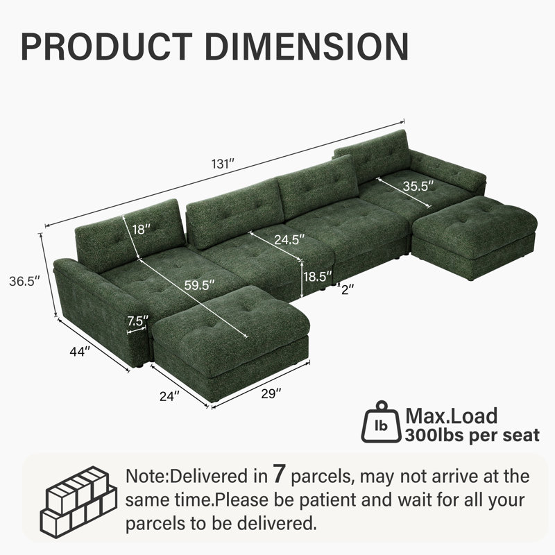 131" Adjustable Seat Depth Cloud Modular Sectional Sofa With Storage, Green Chenille, 36.5" H x 131" W x 68" D