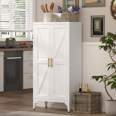 Garde-manger à 2 portes en métal blanc pour le salon et le bureau, 4 tablettes réglables, unité à rayures avec chambre à coucher à rayures, poignées dorées, entretien facile