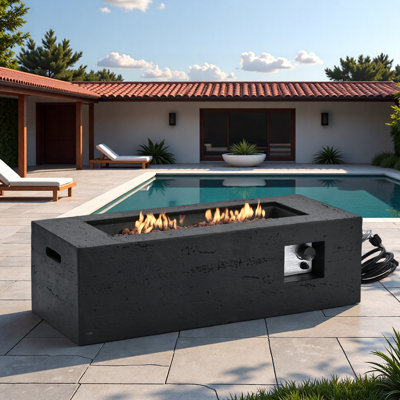 Mgo Propane Outdoor Rectangular Fire Pit With Side Cutout Handles, Steel Burner, Adjustable Flame Control, Lava Rocks And Rain Cover
