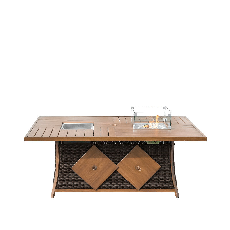 6-Seat Rectangular Fire Pit Table With Ice Bucket, Brown