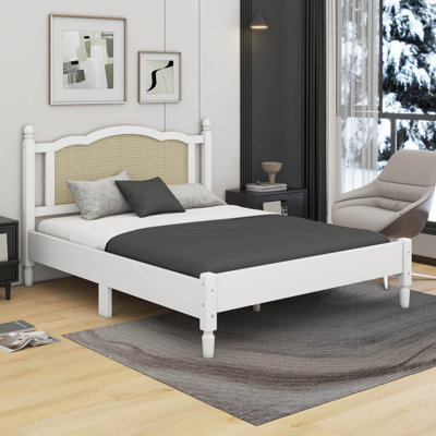 Bohemian Wooden Platform Bed With Natural Rattan Headboard And Arc Design