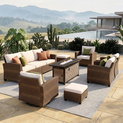 9 - Person Outdoor Wicker Patio Conversation Furniture Set with Swivel Chairs