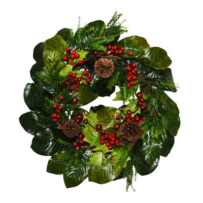 Couronne de sapin de 61 cm (24 po) avec houx, baies rouges et pommes de pin