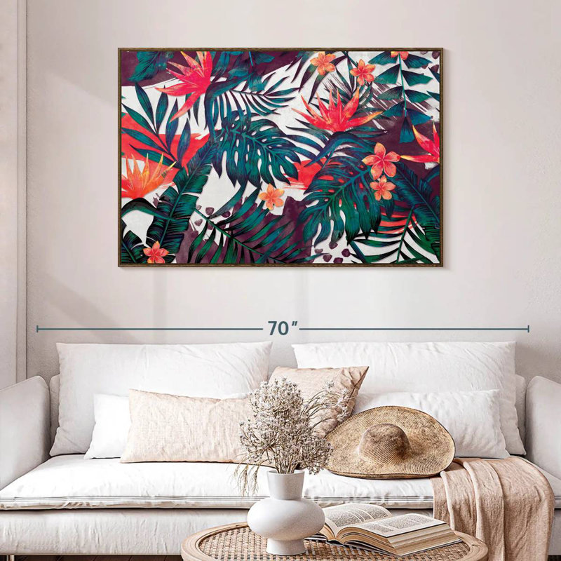 Palmiers et fleurs tropicales, 46 po x 31 po, Cadre flottant en noyer