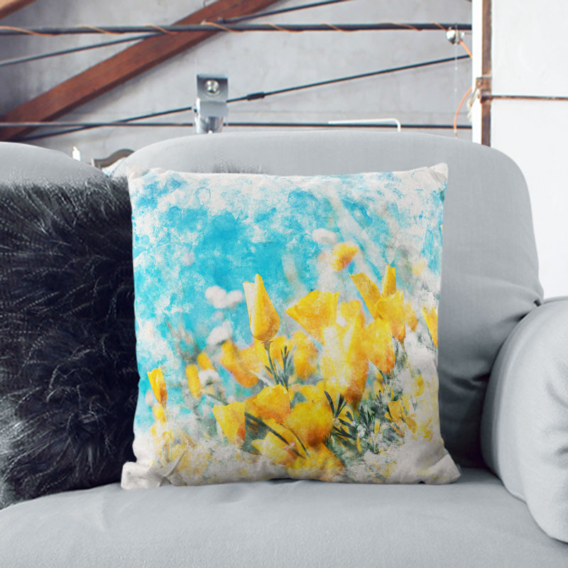 Blooming Flowers Cushion with Filling, Black, 40cm H x 40cm W x 15cm D