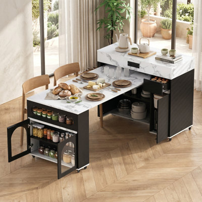 The Black And Marble White Kitchen And Dining Set Features An Extendable Dining Table With An Extra-Long Folding Island, Sockets, Drawers, Brake Locks, And Practical Storage Cabinets.