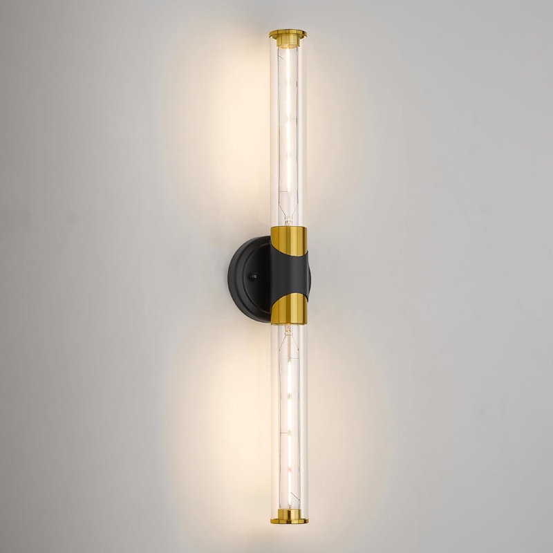 Applique murale industrielle - meuble-lavabo 2 lumières avec finition noire et dorée, fixation réglable pour salle de bain, chambre à coucher, cuisine, miroir, lampe cylindrique