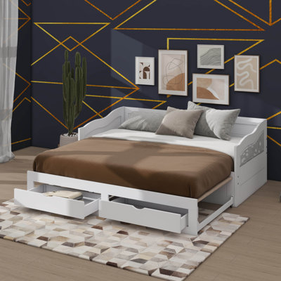 Wooden Twin Daybed With Pull-Out Trundle Bed And Dual Storage Drawers, Expandable Daybed Design