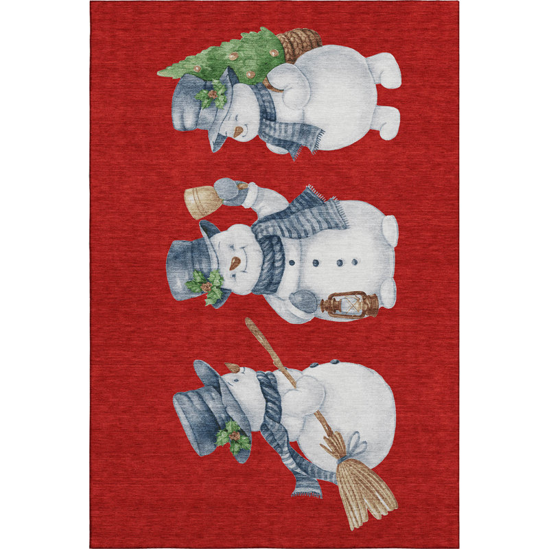 Premium Machine Washable Ingrassellino AMF1826 Happy Snowmen Holiday Rug, Rectangle 5' x 7'6"