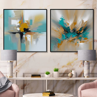 Encre jaune et turquoise Fuild - ensemble de 2 collages carrés abstraits en marbre