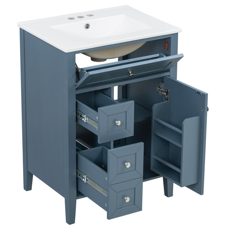 Meuble-lavabo de salle de bain avec lavabo en céramique, Bleu gris, 24