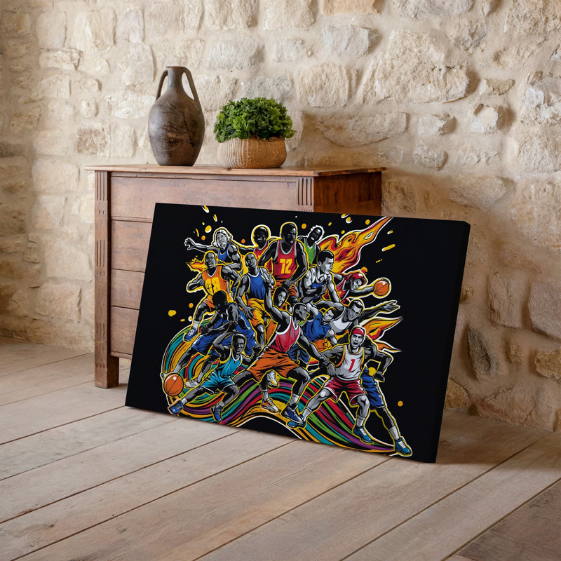 Toile Un collage dynamique et dynamique de joueurs de basketball divers illustrés dans un art mural, H 18 po x l 24 po