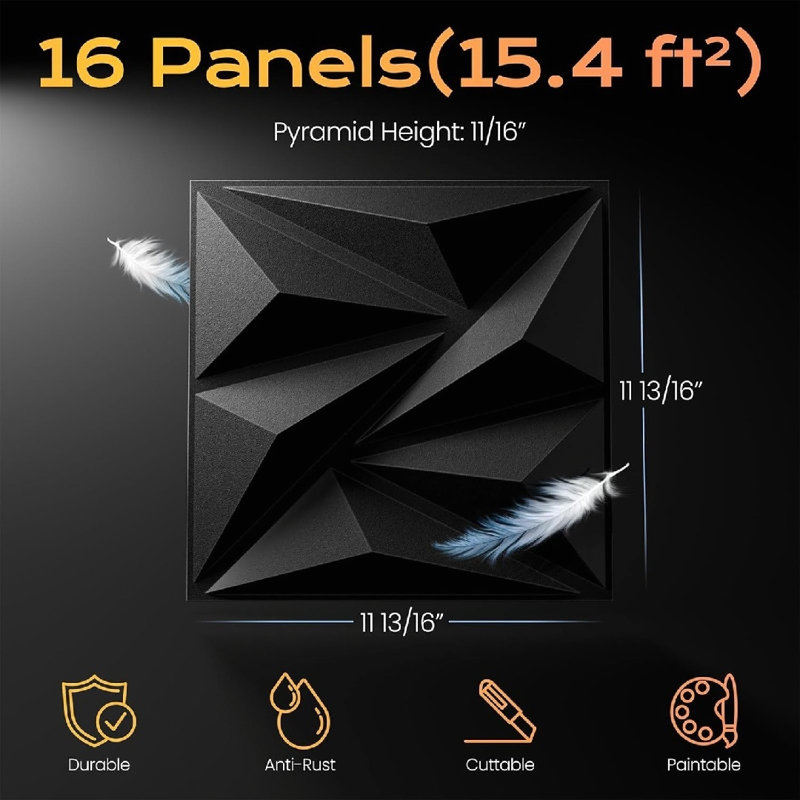 Paquet de 16 panneaux muraux pour décoration murale intérieure ignifuge, 12 x 12, noir