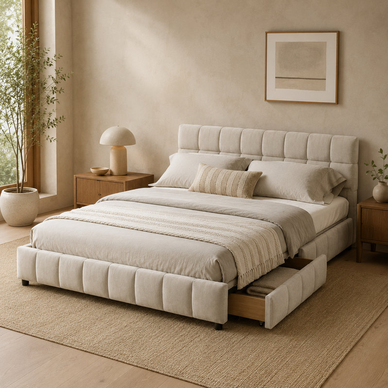 Lit plateforme tapissier en chenille moderne avec quatre tiroirs sous le lit, Beige, Grand