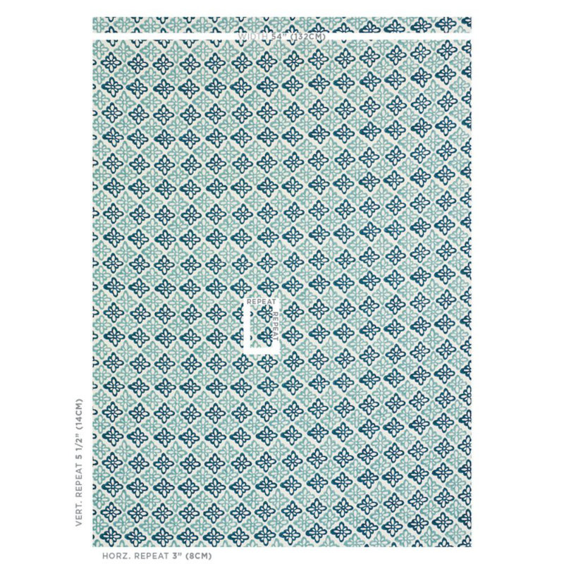 Schumacher x Molly Mahon Pattee Fabric, Blue/ Medium Blue/ White