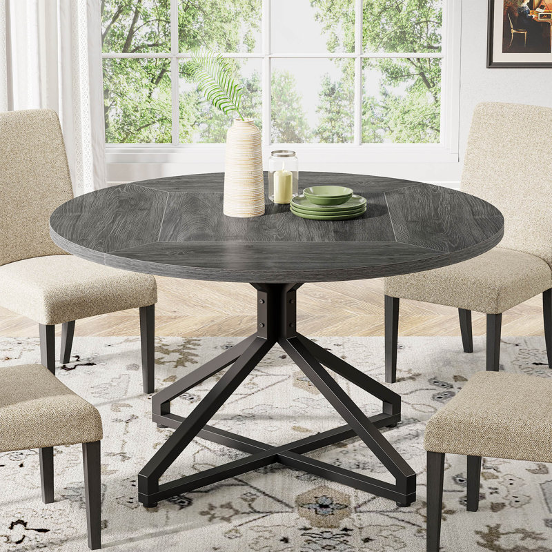 47-Inch Gray Wood Round Dining Table with Metal Pedestal Base